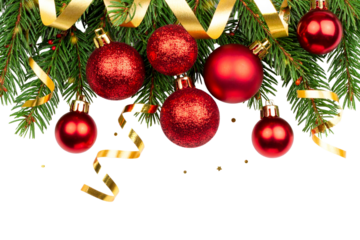  Flat Lay of Red Christmas Ornaments with Pine Branches and Gold Accents, Top-Down Composition, Isolated on Transparent Background PNG