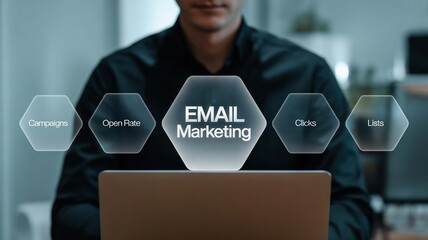 Email marketing strategy with key metrics like campaigns, open rate, clicks, and lists displayed on a laptop screen for digital business success