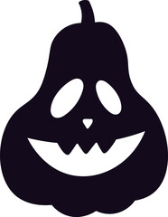Black silhouette of a Halloween pumpkin featuring triangular eyes and nose, along with a smiling mouth displaying sharp teeth, isolated against a clean white background