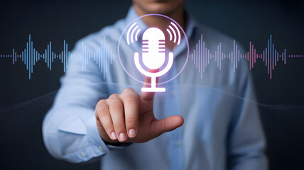 Man's finger touching microphone icon with sound waves for voice technology