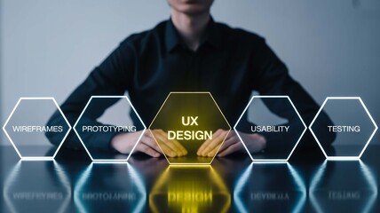A person interacts with a futuristic hexagonal interface showing the complete UX design process, from wireframes to testing.