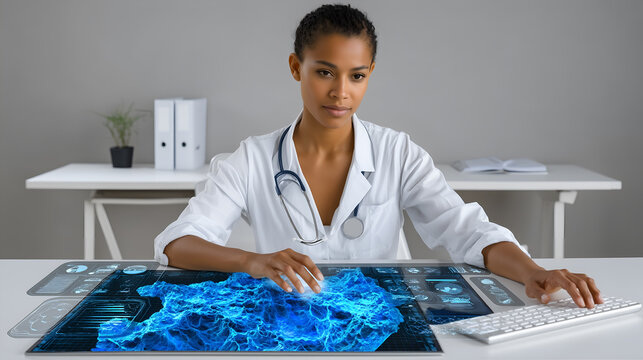 A female doctor examines a futuristic digital display. The doctor appears to be analyzing medical data with the use of advanced technology - Powered by Adobe