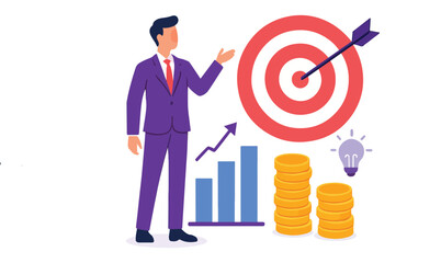 Successful Business Strategy Achieving Goals and Generating Ideas with Financial Growth Depicted in a Flat Vector Illustration