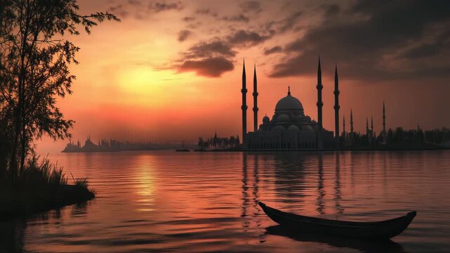 Beautiful mosque and minarets mirrored on calm water at sunset, offering a tranquil horizon and vibrant sky for relaxation and faith inspiration.