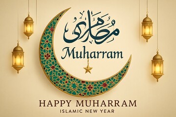 Happy muharram islamic new year celebration with crescent moon and lanterns