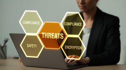 Businesswoman analyzing threats, compliance, and encryption with laptop, highlighting safety in modern office environment, cybersecurity focus