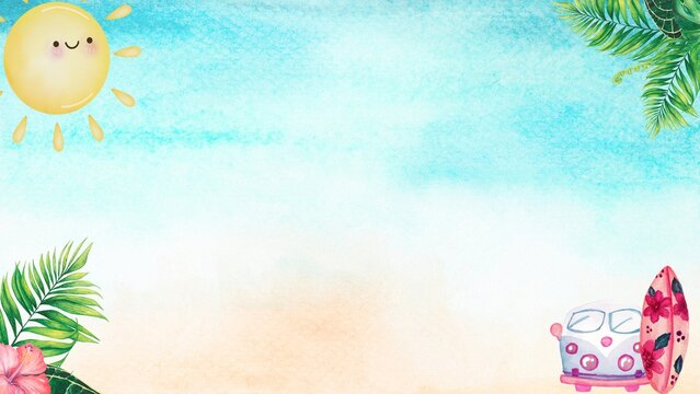 Watercolor Summer Vacation Illustration with Sun and Surf Van