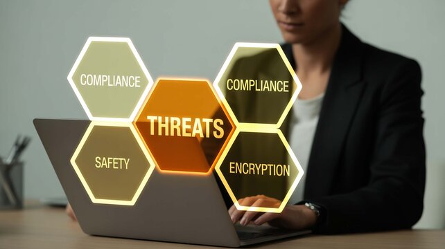 Businesswoman analyzing threats, compliance, and encryption with laptop, highlighting safety in modern office environment, cybersecurity focus