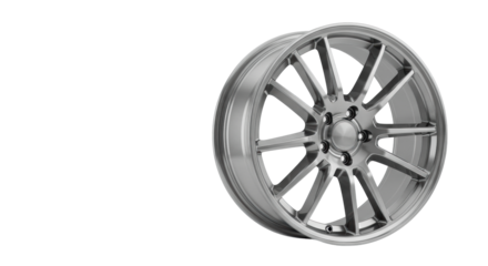 Pristine multi-spoke polished silver alloy component, intricate design, resembling a vehicle wheel rim, on a clean studio background with reflection. Concept of engineering excellence
