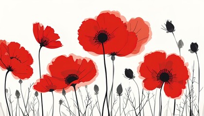 Obraz premium Red poppy flowers in a field against a white background.