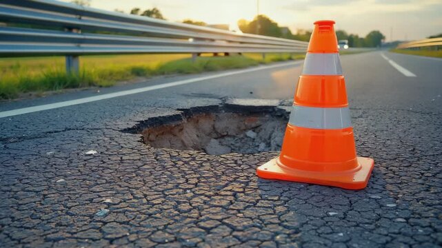 Bright orange traffic cone warns of large pothole damage on cracked asphalt road at sunset, representing infrastructure maintenance, road safety hazards, and public transportation repair issues.