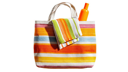 Bright beach bag with striped towel and sunscreen bottle peeking out, top view isolated on a Transparent background, PNG file.