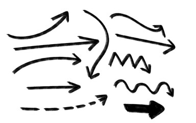 Collection of handdrawn arrows in various styles and directions, isolated on transparent background