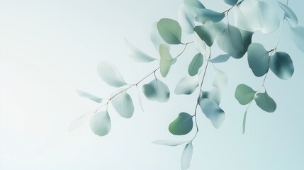 Flying eucalyptus leaves against soft blue gradient background