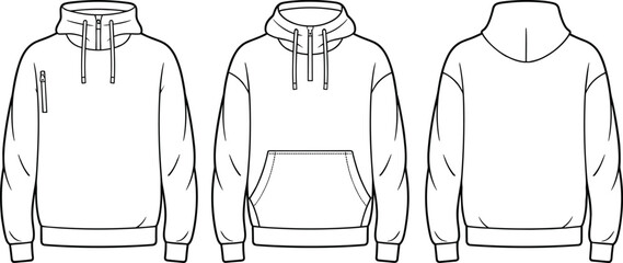 Hoodie fashion template, front back technical sketch, kangaroo zipper pocket, drawstring hood design, casual clothing layout, garment illustration, vector flat drawing.