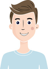 A friendly cartoon illustration of a young man with brown hair, smiling.