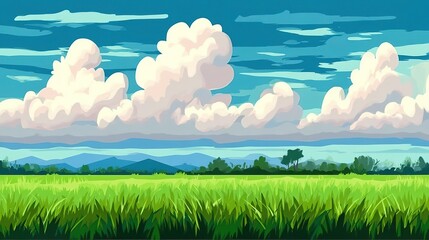 Simple 2D Vector Landscape with Green Meadow Mountain Silhouettes and Cloud Shapes for Backgrounds