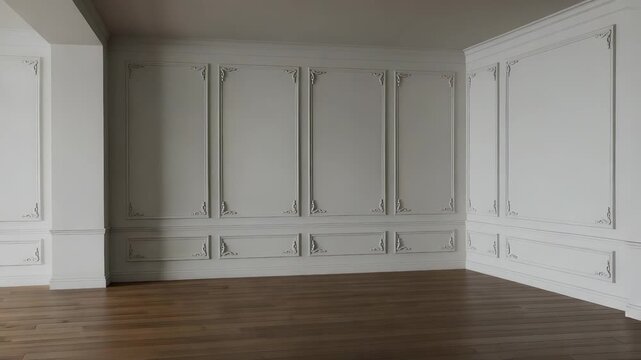 Empty Room Interior with White Decorative Wall Panels and Light Brown Wood Floor Bathed in Natural Light