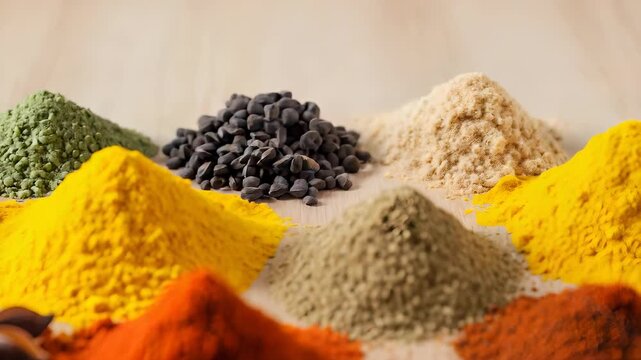 Exotic Spices In Vivid Colors Arranged on Wooden Surface with Anise in Diffused Lighting