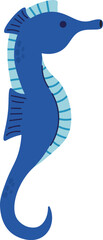 Cartoon illustration of a blue seahorse swimming underwater in the ocean, with light blue stripes and spots, isolated on a white background