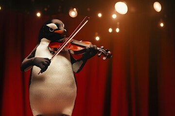 Fototapeta premium penguin playing the violin on a stage, spotlight focused, realistic tuxedo feathers and human grip 