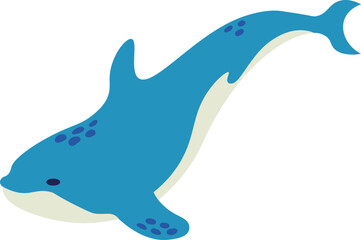 Cartoon illustration of a playful blue dolphin swimming underwater with a happy expression, perfect for children's books, educational materials, or any project related to marine life