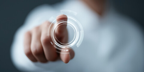 Hand interacts with floating holographic data visualization displaying business analytics.