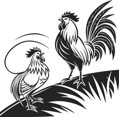 Monochrome Rooster Pair Illustration Two Roosters in Detailed Vector Graphic Depiction Crested Birds in Striking Black and White Contrast