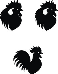 Rooster Silhouettes Set in Black and White Symbolic Design Modern Animal Graphics Farm Poultry Symbol Chicken Illustrations