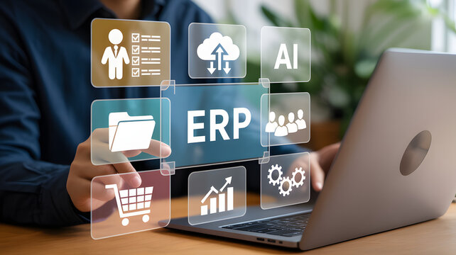 Businessman using ERP software with modern interface on laptop for efficiency