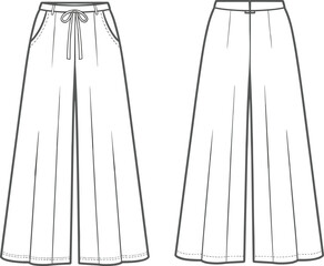 Wide leg pleated pants sketch, front back views, drawstring elastic waistband, flowy silhouette design, fashion garment template, clothing illustration vector layout.