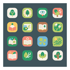 Collection of environmental education vector icons featuring trees, plants, and books in a playful cartoon style for sustainable learning and nature awareness initiatives