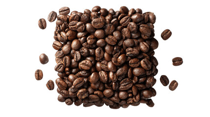 Naklejka premium Brown roasted coffee beans in a square shape, top-down on white isolated on a Transparent background, PNG file.