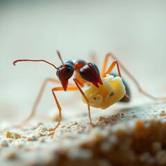 Fototapeta premium Macro Ant Banquet: 4K Hyperrealistic Side View of Ant Biting Bread Crumb with Mandible Detail - Cinematic Shadows & Textured Exoskeleton