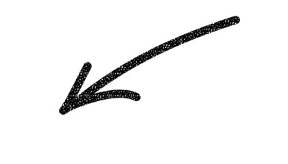 Handdrawn black arrow pointing down and to the left, isolated on transparent background