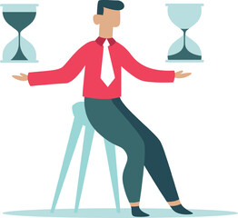 Obraz premium Businessman sitting on a stool is comparing two hourglasses, making important time management decisions, symbolizing work life balance and deadline management