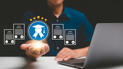 Person holding graduation cap icon with degree certificates, education concept