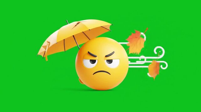 An angry emoji face with an umbrella shielding it from the wind, representing frustration and bad weather