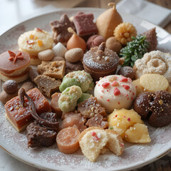 Fototapeta premium A festive Christmas sweets platter filled with cookies, candies, and holiday treats, evoking warmth.