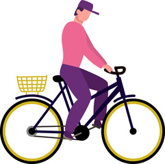 Obraz premium Delivery man wearing casual clothes riding bicycle with basket delivering order to customer using environment friendly transportation method