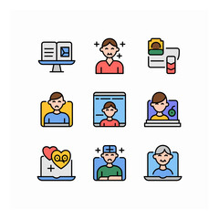 Collection of Vector Icons Representing Online Therapy and Mental Health Support Concepts for Digital Platforms