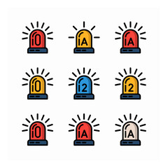 Colorful alert notification icons set in a vector format featuring flashing lights and bold numbers and letters for attention grabbing designs