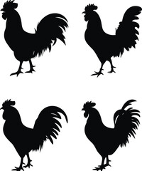 A Collection of Striking Rooster Silhouettes Depicting Different Poses and Plumage Variations Against a Clean White Background Featuring Multiple Unique Birds