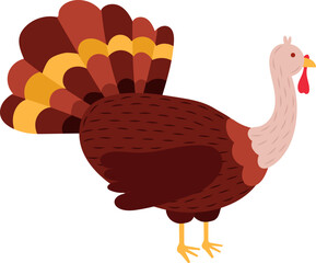Cartoon illustration of a large, plump turkey with brown, orange, and yellow feathers, standing proudly with its tail fanned out, evoking the spirit of Thanksgiving feasts and autumnal celebrations