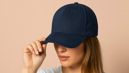 Stylish woman in a plain navy blue baseball cap, adjusting the visor. Casual fashion accessory mockup on a plain background.