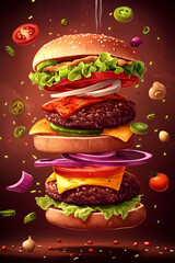Delicious towering burger with fresh ingredients, set against a rich, vibrant background