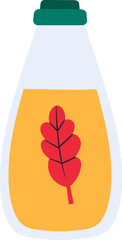 Glass bottle featuring a green cap and filled with vibrant orange liquid, accompanied by a striking red autumn leaf, representing natural remedies and promoting a healthy lifestyle