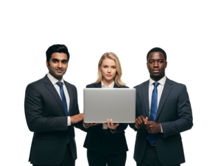 Professional business team of diverse colleagues collaborating on a laptop, discussing strategy and ideas — perfect for teamwork, corporate projects, and office productivity scenes.