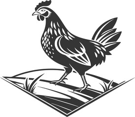 Stylized Hen Illustration of a Chicken on a Diamond Shaped Farm Patch with Some Grass Growing From It