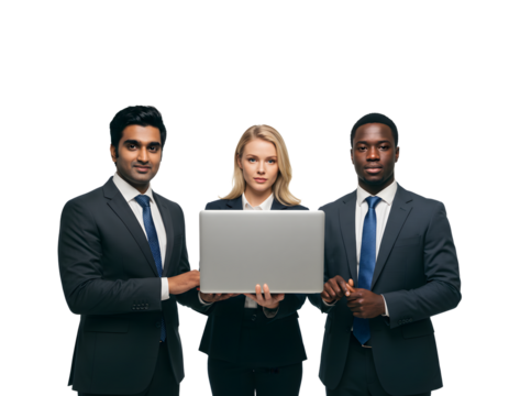 Professional business team of diverse colleagues collaborating on a laptop, discussing strategy and ideas — perfect for teamwork, corporate projects, and office productivity scenes.